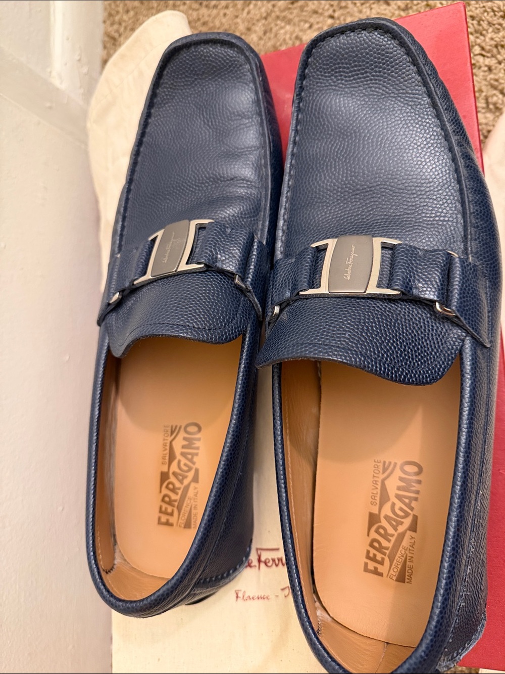 Salvatore Ferragamo Navy Pebbled Leather Gancini Bit Loafers - Picture 5 of 5